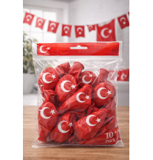Ayyıldızlı Kırmızı Balon Seti Türk Bayraklı Parti Balonu Dayanıklı Latex Balon 10'lu Paket