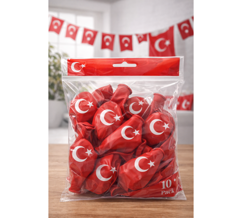 Ayyıldızlı Kırmızı Balon Seti Türk Bayraklı Parti Balonu Dayanıklı Latex Balon 10'lu Paket