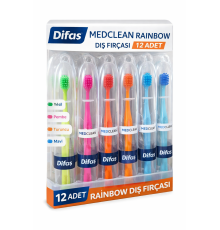 Difaş Medclean Rainbow Diş Fırçası 12 Adet Standlı Orta Sert Renkli Yetişkin Diş Fırçası Seti