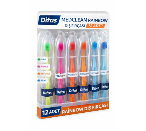 Difaş Medclean Rainbow Diş Fırçası 12 Adet Standlı Orta Sert Renkli Yetişkin Diş Fırçası Seti