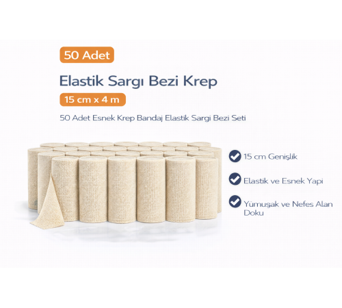 Elastik Sargı Bezi Krep 15 cm x 4 m 50 Adet Esnek Krep Bandaj Elastik Sargı Bezi Seti