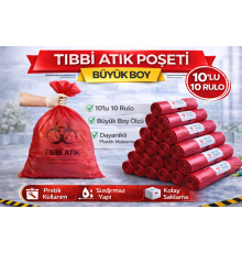 Tıbbi Atık Poşeti Büyük Boy 10'lu 10 Rulo Kırmızı Tıbbi Atık Atık Poşeti Seti