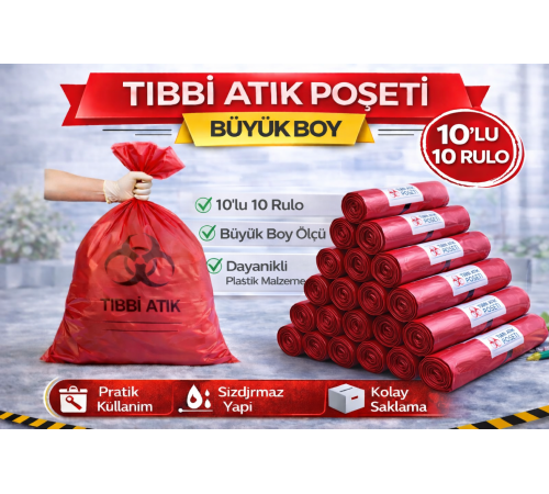 Tıbbi Atık Poşeti Büyük Boy 10'lu 10 Rulo Kırmızı Tıbbi Atık Atık Poşeti Seti