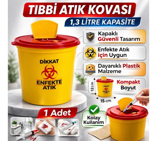 Tıbbi Atık Kovası 1,3 Litre 1 Adet Kapaklı Tıbbi Atık Kutusu Enfekte Atık Kovası
