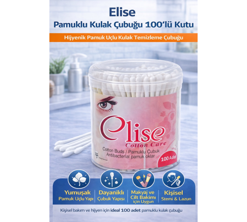 Elise Pamuklu Kulak Çubuğu 100'lü 1 Kutu Hijyenik Pamuk Uçlu Kulak Temizleme Çubuğu