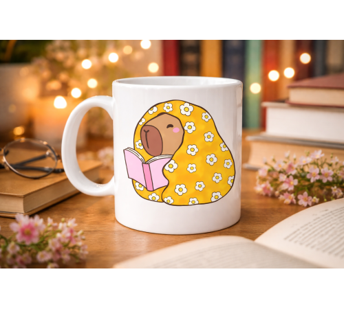 Kitap Okuyan Kapibara Desenli Porselen Kupa MODEL 102 – Sıcacık Tasarım , Kahve & Çay Kupası , Kitap Severlere Özel Hediyelik