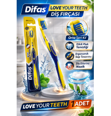 Difaş Love Your Teeth Diş Fırçası 1 Adet Orta Sert Ergonomik Tutma Saplı Manuel Diş Fırçası