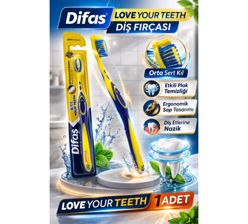 Difaş Love Your Teeth Diş Fırçası 1 Adet Orta Sert Ergonomik Tutma Saplı Manuel Diş Fırçası