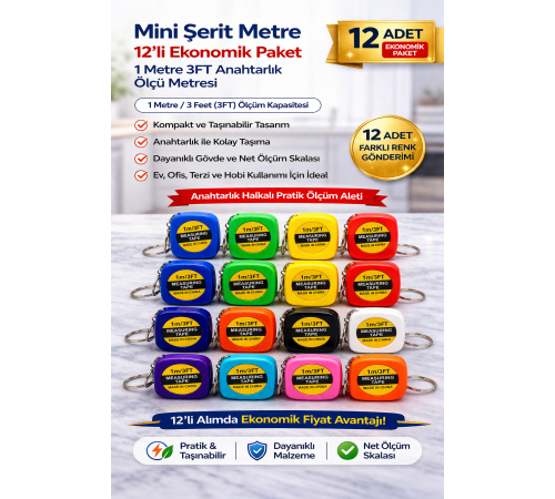 Mini Şerit Metre 1 Metre 3FT Anahtarlık Ölçü Metresi Taşınabilir Cep Metre 12 Adet