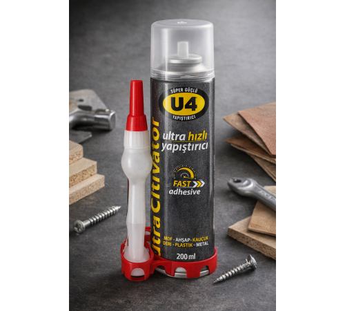 U4 Ultra Hızlı Yapıştırıcı 200 ml Süper Güçlü Şeffaf Endüstriyel Fast Adhesive MDF Ahşap Plastik Metal Deri