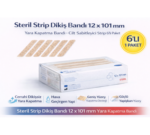 Steril Strip Dikiş Bandı 12 x 101 mm Yara Kapatma Bandı Cilt Sabitleyici Strip 6lı Paket