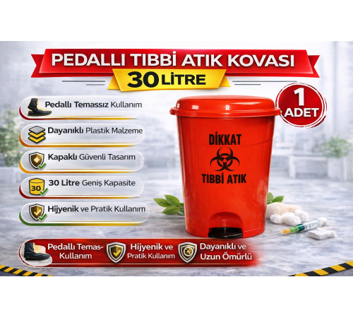 Pedallı Tıbbi Atık Kovası 30 Litre 1 Adet Kapaklı Pedallı Enfekte Atık Kovası