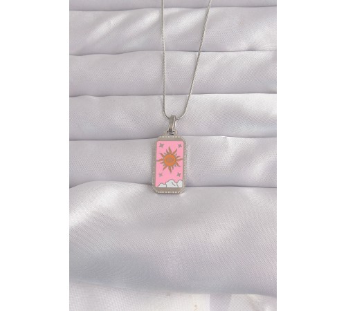 316L Çelik Gümüş Renk Pembe Mineli Güneş Model Tarot Kolye