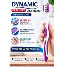 Dynamic Orta Sert Diş Fırçası Medium Çapraz Kıl Yapılı Dil Temizleyicili Ergonomik Diş Fırçası 1 Adet
