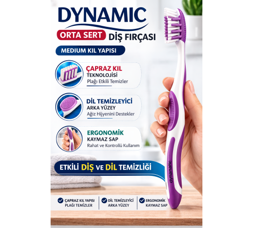 Dynamic Orta Sert Diş Fırçası Medium Çapraz Kıl Yapılı Dil Temizleyicili Ergonomik Diş Fırçası 1 Adet