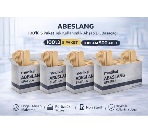 Abeslang 100'lü 5 Paket Tek Kullanımlık Ahşap Dil Basacağı Non Steril Medikal Spatula Toplam 500 Adet