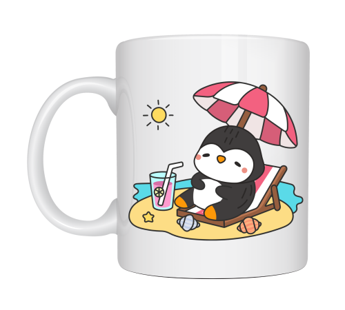 Sevimli Penguen Yaz Tatili Tasarımlı Porselen Kupa MODEL 200 – Penguen Baskılı Kahve Kupası – Yaz Temalı Eğlenceli Hediye Kupa