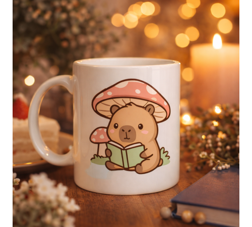 Sevimli Kitap Okuyan Kapibara Desenli Porselen Kupa MODEL 97 – Sıcacık Tasarım, Kahve & Çay Kupası, Hediye Fikri