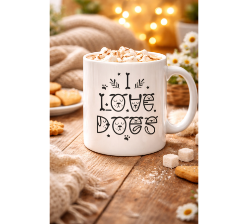 I Love Dogs Tasarımlı Porselen Kupa MODEL 64 – Sevimli Köpek Figürlü, Kahve & Çay Kupası