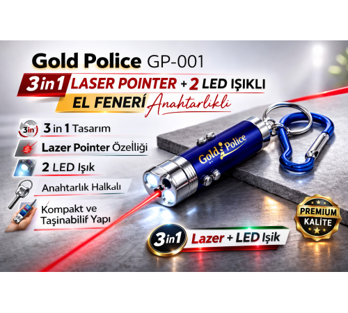 Gold Police GP-001 3 in 1 Laser Pointer + 2 LED Işıklı El Feneri Anahtarlıklı 1 Adet