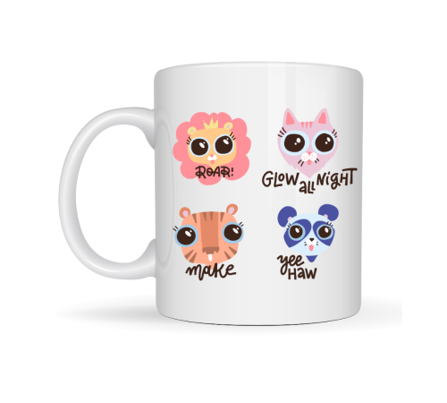 Sevimli Hayvan Figürlü Porselen Kupa MODEL 70 – “Roar • Glow All Night • Make • Yee Haw” Tasarımlı Özel Baskı Kupa