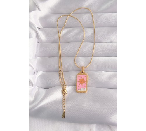 316L Çelik Gold Renk Pembe Mineli Güneş Model Tarot Kolye