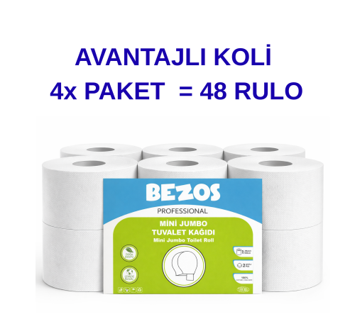 Professional Mini Jumbo Tuvalet Kağıdı 48 Rulo | 2 Katlı | %100 Selüloz | Endüstriyel & Ev Tipi Kullanım 4X12RULO