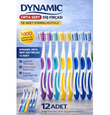 Dynamic Orta Sert Diş Fırçası 12 Adet Standlı Kutulu Medium Çapraz Kıl Teknolojili Dil Temizleyicili Ergonomik Saplı Diş Fırçası