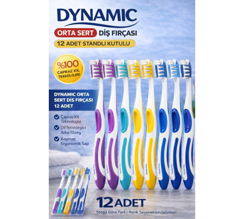 Dynamic Orta Sert Diş Fırçası 12 Adet Standlı Kutulu Medium Çapraz Kıl Teknolojili Dil Temizleyicili Ergonomik Saplı Diş Fırçası