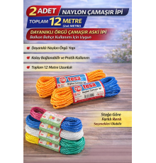 2 Adet Naylon Çamaşır İpi 6 Metre Dayanıklı Örgü Çamaşır Askı İpi Toplam 12 Metre