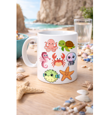 Sevimli Deniz Canlıları Desenli Porselen Kupa MODEL 118 – Ahtapot, Kaplumbağa, Yengeç ve Deniz Yıldızlı Kahve Kupası