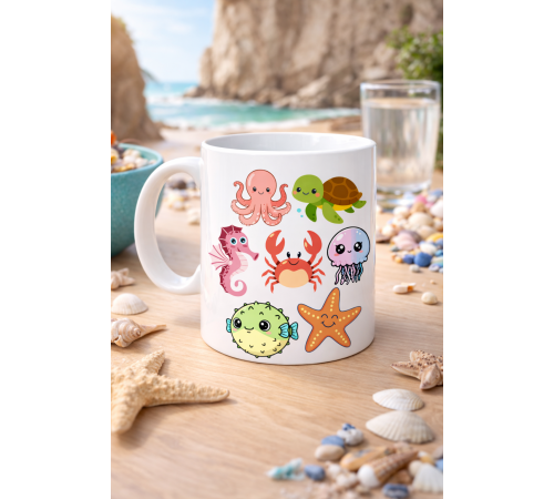 Sevimli Deniz Canlıları Desenli Porselen Kupa MODEL 118 – Ahtapot, Kaplumbağa, Yengeç ve Deniz Yıldızlı Kahve Kupası