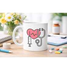 Sağlık Temalı Porselen Kupa MODEL 170 – Stetoskop Kalp ve Şırınga Tasarımlı Kahve Kupası – Doktor ve Hemşire Hediyesi