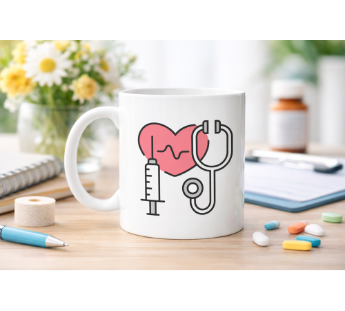 Sağlık Temalı Porselen Kupa MODEL 170 – Stetoskop Kalp ve Şırınga Tasarımlı Kahve Kupası – Doktor ve Hemşire Hediyesi