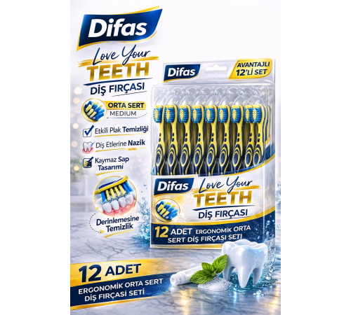 Difaş Love Your Teeth Diş Fırçası 12 Adet Standlı Orta Sert Medium Ergonomik Saplı Manuel Diş Fırçası Seti
