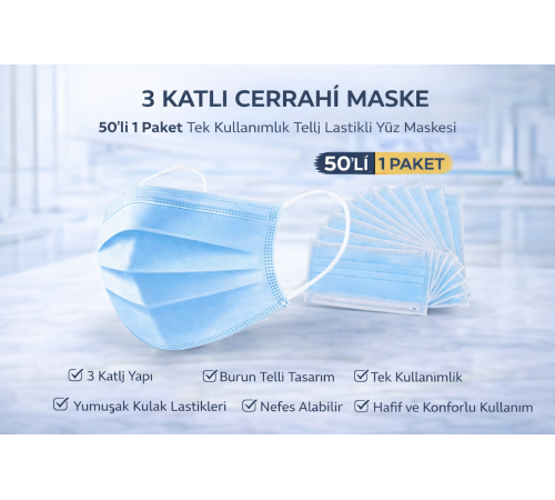3 Katlı Cerrahi Maske 50'li 1 Paket Tek Kullanımlık Telli Lastikli Yüz Maskesi