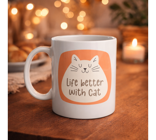 Life Better With Cat – Sevimli Kedi Tasarımlı Porselen Kupa MODEL 65 Kahve & Çay Kupası  Hediyelik Kupa