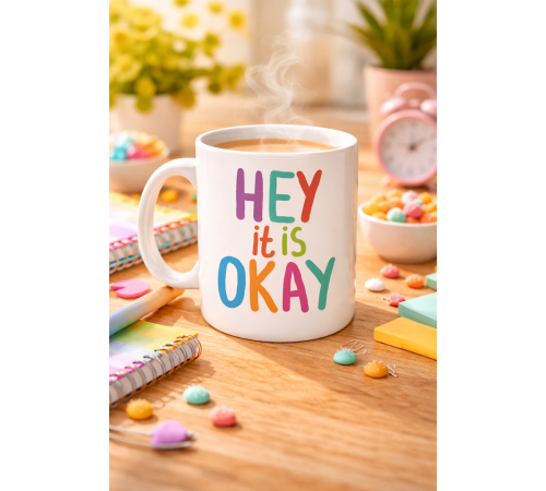 Hey It Is Okay Motivasyon Kupası MODEL 137 – Renkli Tasarım Porselen Kupa – Moral Veren, Pozitif Mesajlı Kahve & Çay Kupası