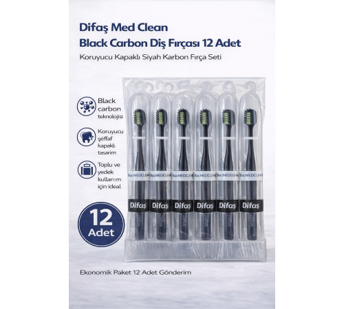 Difaş Med Clean Black Carbon Diş Fırçası 12 Adet Standlı Koruyucu Kapaklı Siyah Karbon Fırça Seti