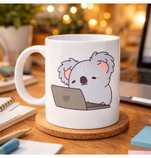 Laptoplu Koala Desenli Porselen Kupa MODEL 111 – Sevimli Ofis Kupası , Çalışanlara Özel Tatlı Hediye