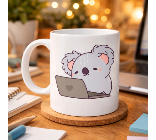 Laptoplu Koala Desenli Porselen Kupa MODEL 111 – Sevimli Ofis Kupası , Çalışanlara Özel Tatlı Hediye