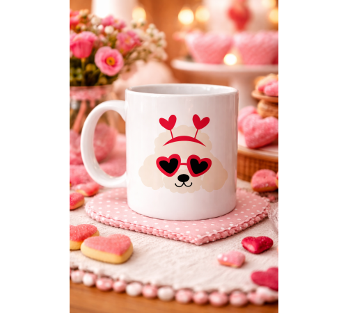 Kalpli Gözlü Sevimli Poodle (Kaniş) Tasarımlı Porselen Kupa Model 51 – Aşk Dolu, Tatlı ve Eğlenceli Hediye