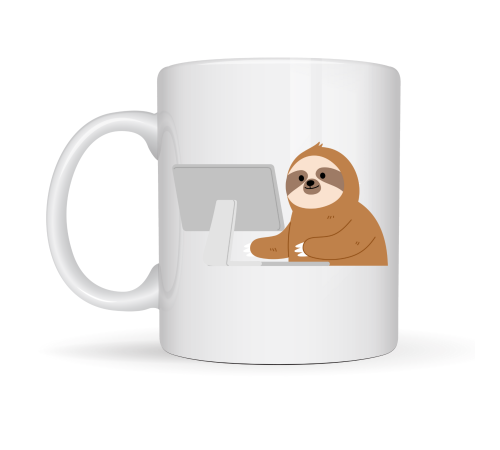 Bilgisayar Başında Tembel Hayvan Desenli Porselen Kupa MODEL 113 – Sevimli Sloth Tasarımlı Ofis & Kahve Kupası , Eğlenceli Hediye