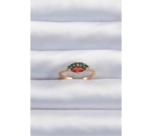 Pirinç Altın Renk Renkli Zirkon Taşlı Ayarlanabilir Karpuz Model Yüzük