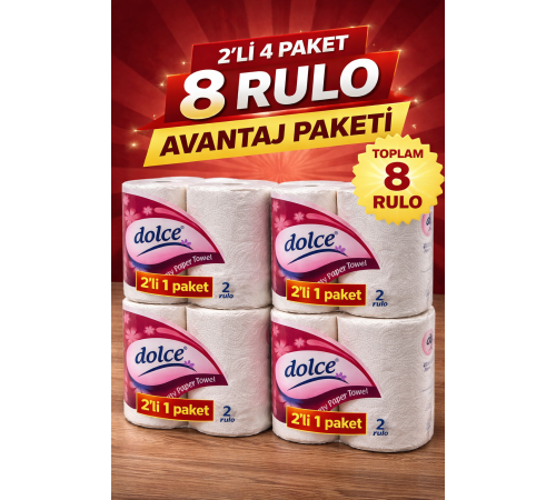 Dolce Çift Katlı Kağıt Havlu 2'li Rulo 4 Paket Yüksek Emicili Çok Amaçlı Kağıt Havlu