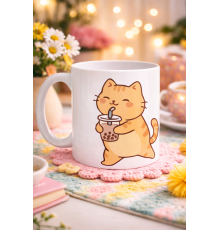 Sevimli Kedi Bubble Tea Tasarımlı Porselen Kupa MODEL 192 – Boba Çayı İçen Kedi Kahve Kupası – Kedi Severlere Hediyelik Kupa Bardak