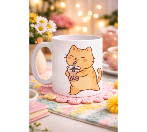 Sevimli Kedi Bubble Tea Tasarımlı Porselen Kupa MODEL 192 – Boba Çayı İçen Kedi Kahve Kupası – Kedi Severlere Hediyelik Kupa Bardak