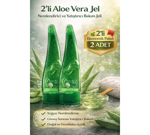 Aloe Vera Jel Nemlendirici ve Yatıştırıcı Bakım Jeli Yüz ve Vücut İçin Doğal Aloe Özlü Cilt Bakım Ürünü 2Li Avantaj Paket