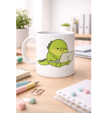 Sevimli Dinozor Tasarımlı Porselen Kupa MODEL 117 – Laptoplu Tatlı Dino Figürlü Ofis & Ev Kahve Kupası