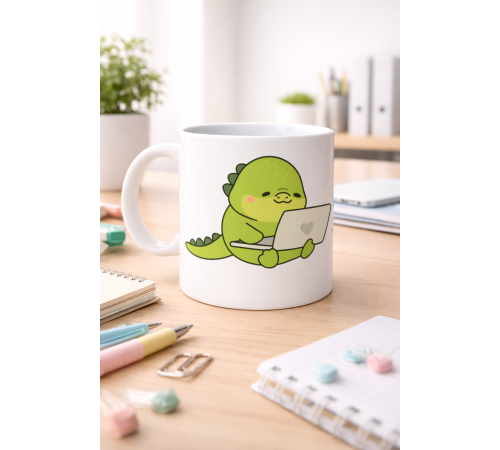Sevimli Dinozor Tasarımlı Porselen Kupa MODEL 117 – Laptoplu Tatlı Dino Figürlü Ofis & Ev Kahve Kupası